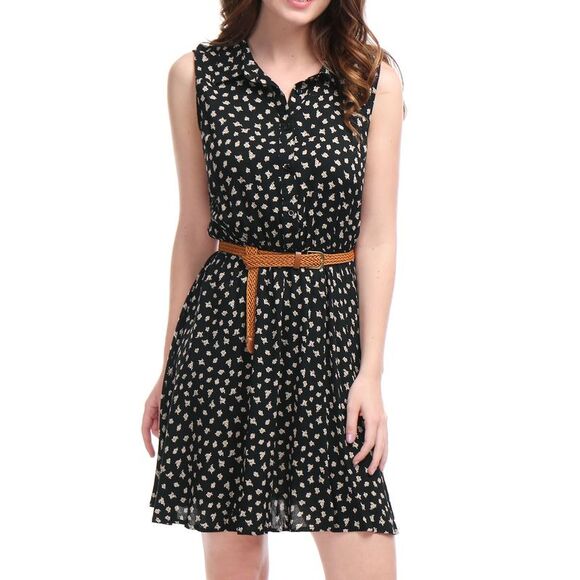 Women's Printed Half Placket Above Knee Sleeveless Belted Dress Black-daisy - Picture 2 of 6